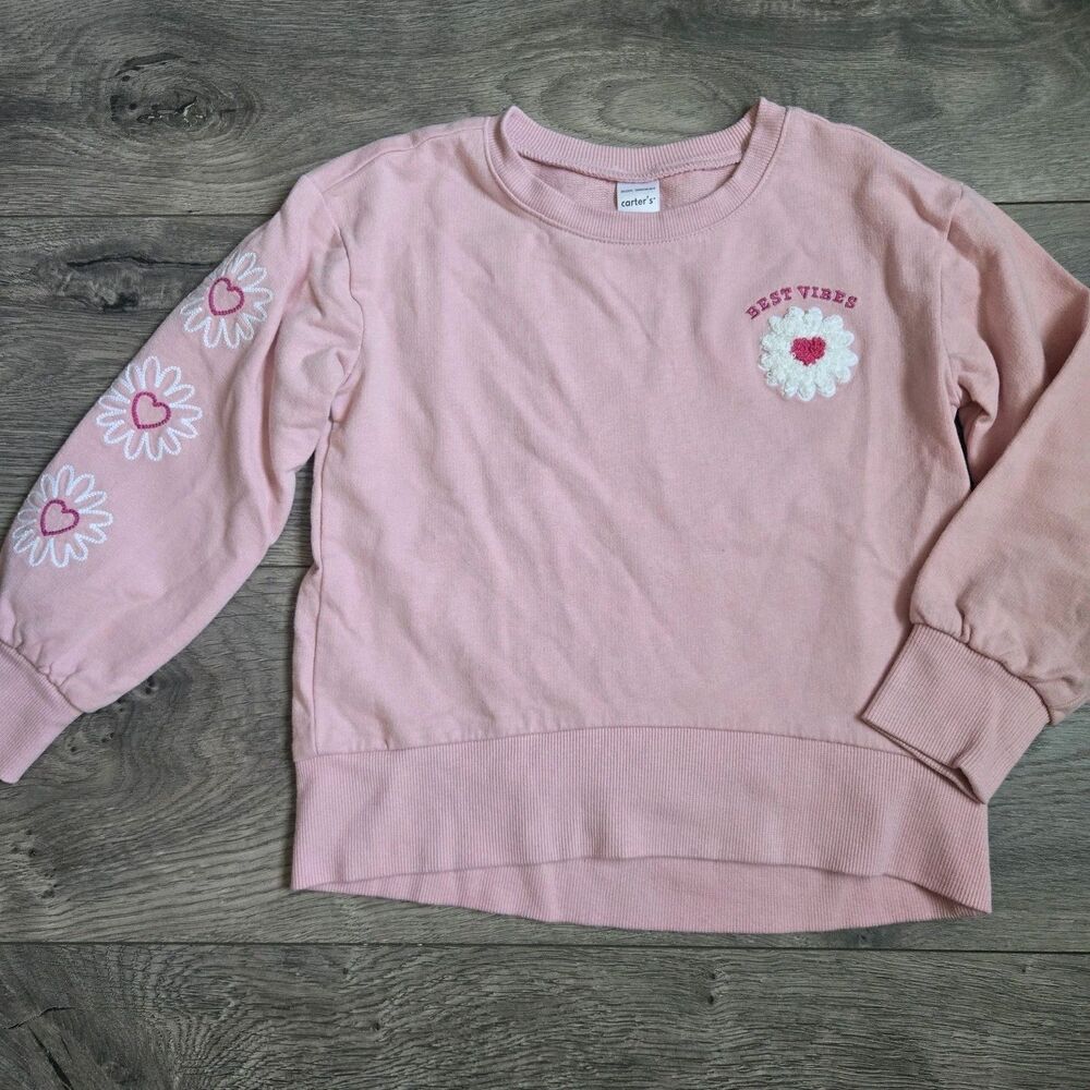 Carters Girls 5 5A Pink Daisy Embroidered Sweatshirt Pullover Kidcore Floral